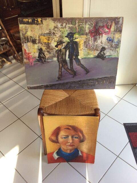 Peintures sur carton Cléo 94 scène de rue et auto portrait 50 Gif-sur-Yvette (91)