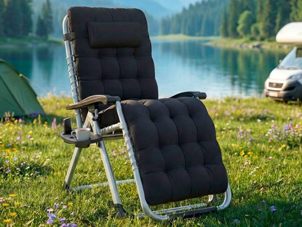 Lot de 2 x Chaises longues pliables rembourr&eacute;es avec tablett Jardin