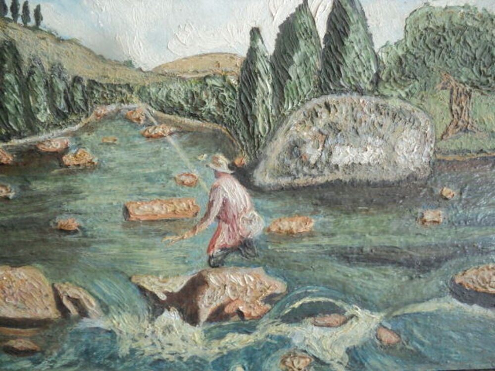 Ancien Tableau P&ecirc;cheur Rivi&egrave;re P&ecirc;che &agrave; la Truite XX&egrave;me 