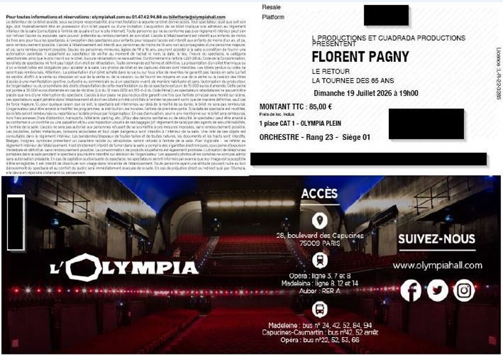 Billets Concert FLORENT PAGNY &agrave; l'Olympia - LE RETOUR Billetterie
