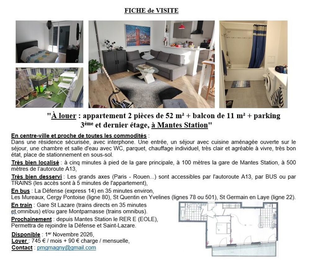 Location Appartement Appartement 2 pièces de 52 m² + balcon 11m² + parking Mantes-la-jolie