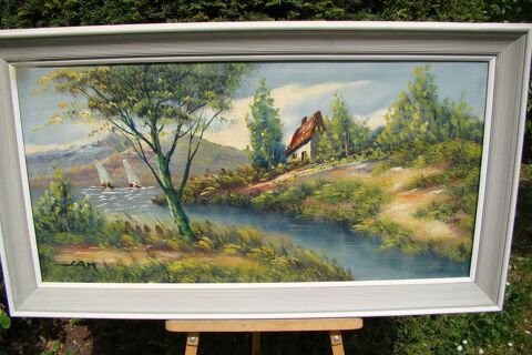 Tableau huile sur toile signée  La maison au bord du lac   150 Gargenville (78)