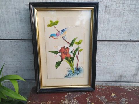 Ancienne Peinture Oiseau et Fleur Exotique Style Asiatique  80 Loches (37)