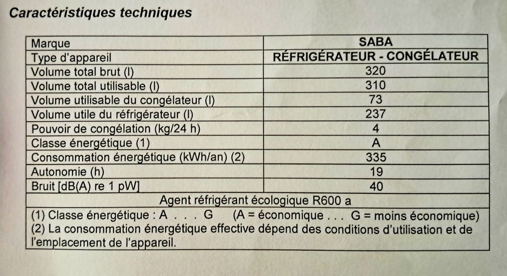 R&eacute;frig&eacute;rateur cong&eacute;lateur SABA Electroménager
