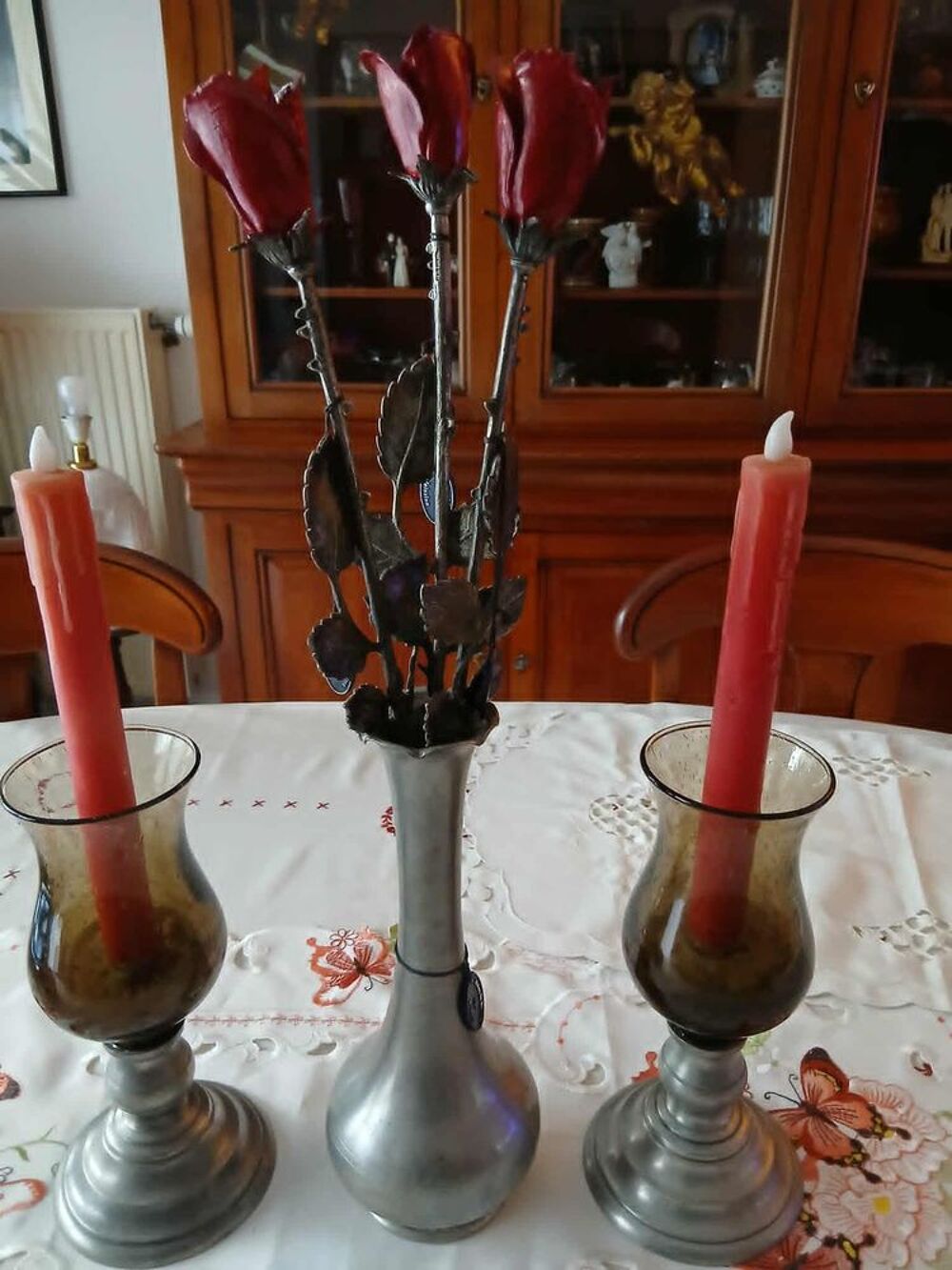  Vase vintage 3 roses &eacute;tain 2 photophores &eacute;tain verre bull&eacute; D�coration