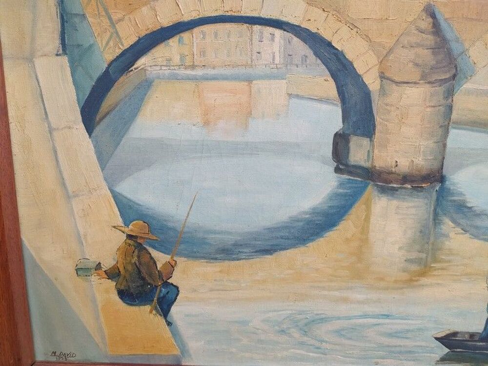 Tableau Ville &agrave; Situer Pont et P&ecirc;cheurs Sign&eacute; M. DAVID 1933 