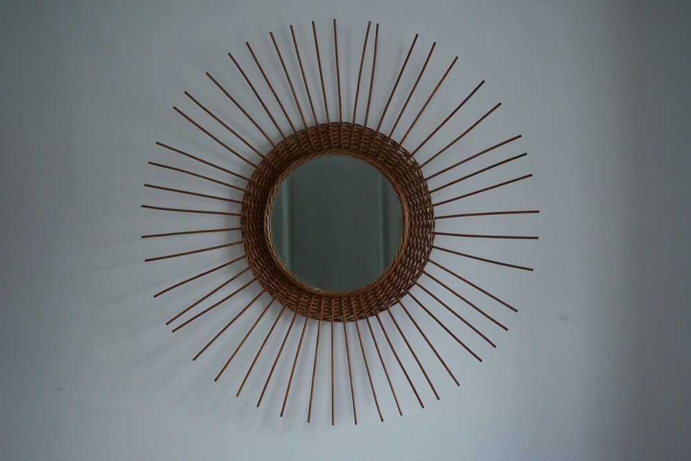 Beau et grand miroir rond circulaire en osier Dcoration