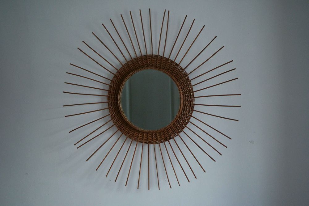 Beau et grand miroir rond circulaire en osier Décoration