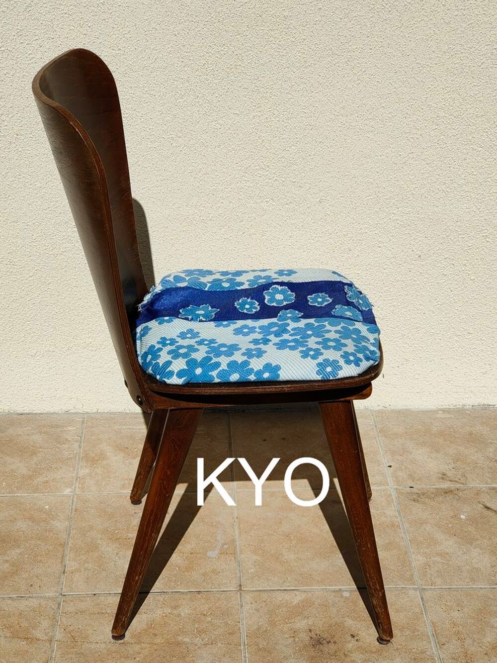 Chaise, bois massif, tissu bleu blanc - Bon &eacute;tat Meubles