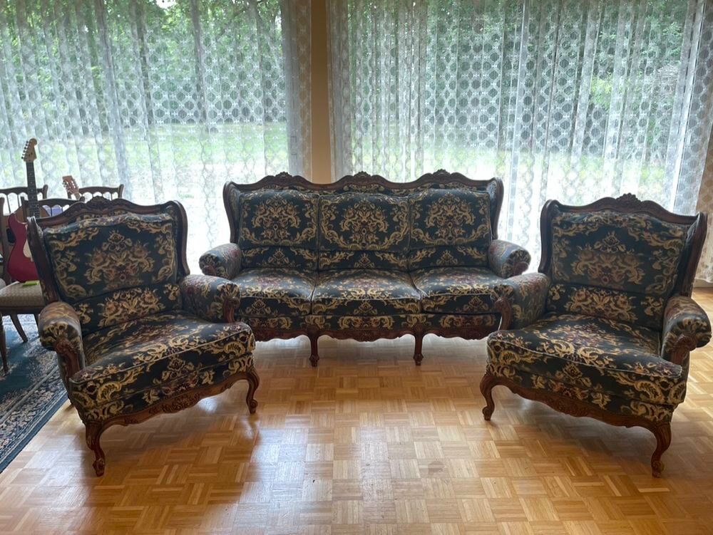 Salon bois et velour bleu Meubles