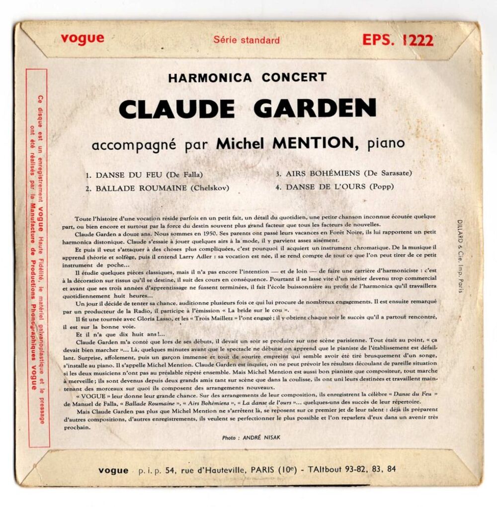EP Claude GARDEN : Harmonica Concert - Vogue EPS. 1222 CD et vinyles