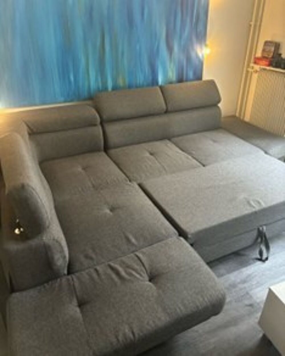 Canap&eacute; d'angle gris modulable confortable en tissu Meubles