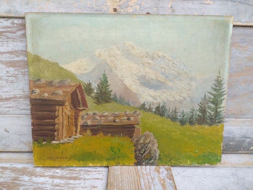Tableau Paysage Montagne Chalet Sign&eacute; J.Grundler 
