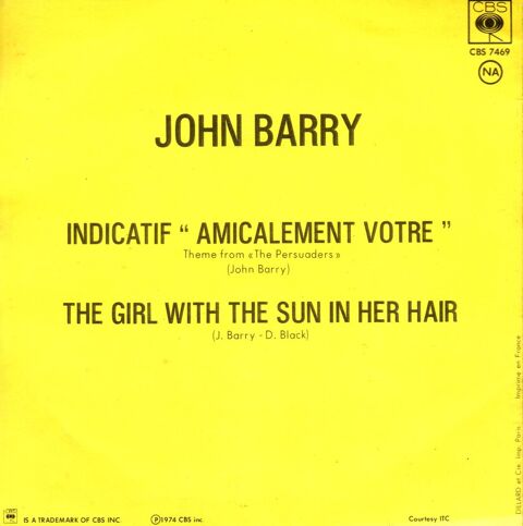 vinyl 45 tours - 2 titres John BARRY - amicalement v�tre 0 Pontoise (95)