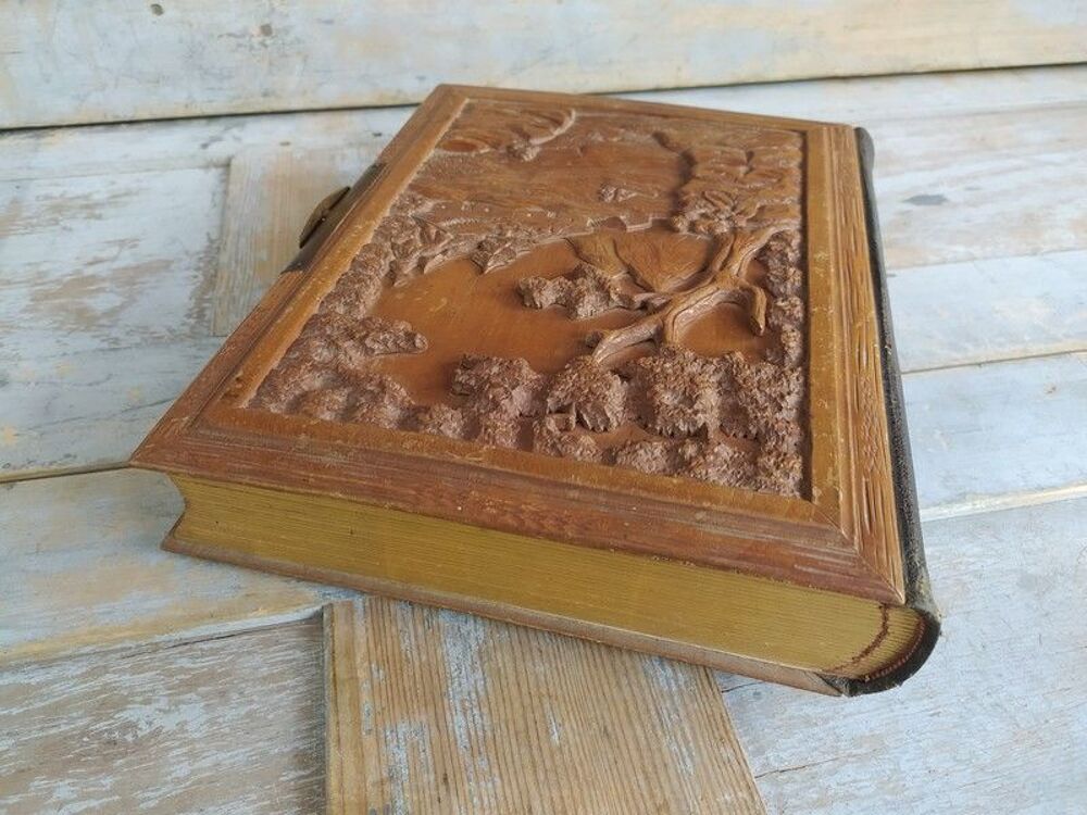 Album Photo XIX&egrave;me Reliure en Bois Sculpt&eacute; Paysage Montagne 