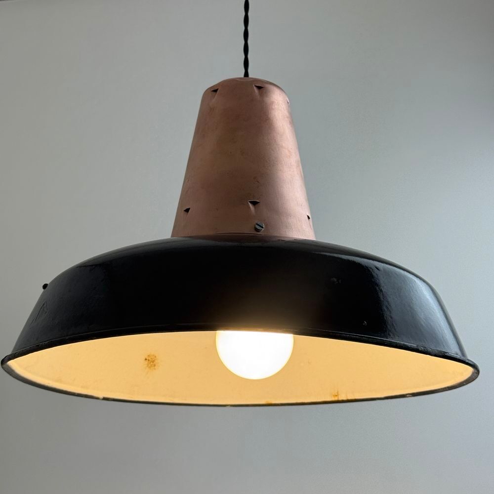 PAIRE D'ANCIENNES SUSPENSIONS EMAILL&Eacute;ES " MAZDA " 35 CM INDU Décoration