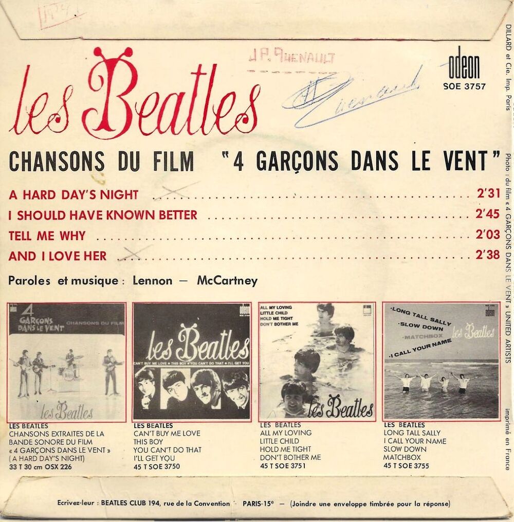 Beatles (the) Chansons du Film 4 Gar&ccedil;ons dans le vent CD et vinyles