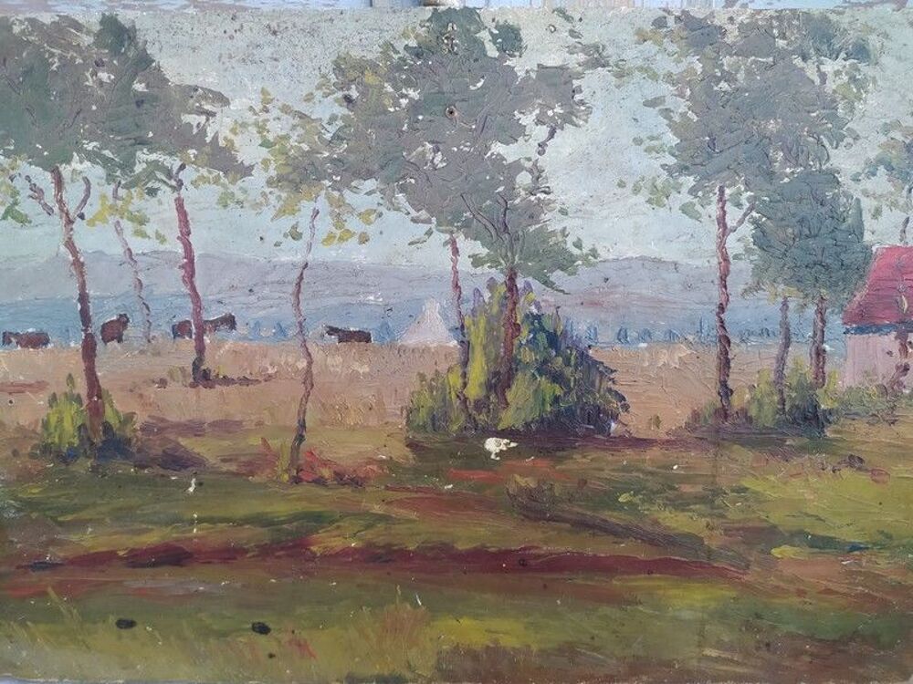 Tableau Impressionniste Paysage de Campagne Champs et Vaches 