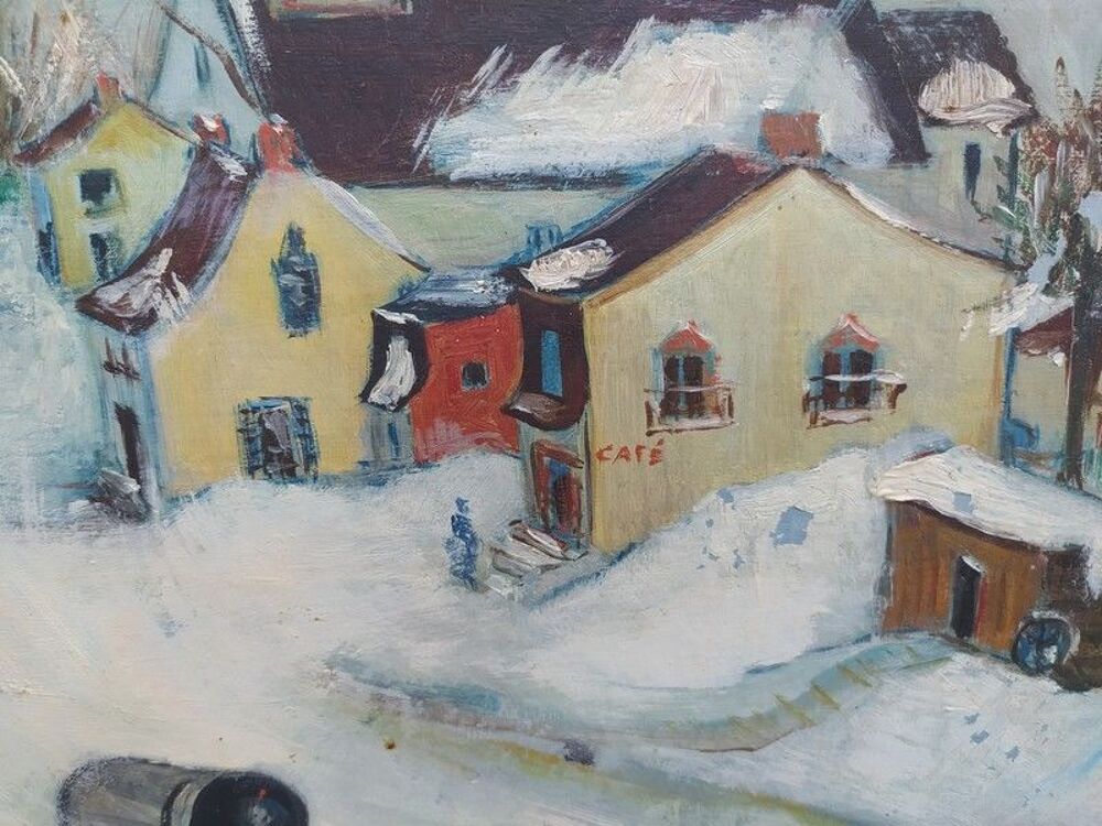 Tableau Paysage d'Hiver Peinture Na&iuml;ve Sign&eacute; Simone Oury 