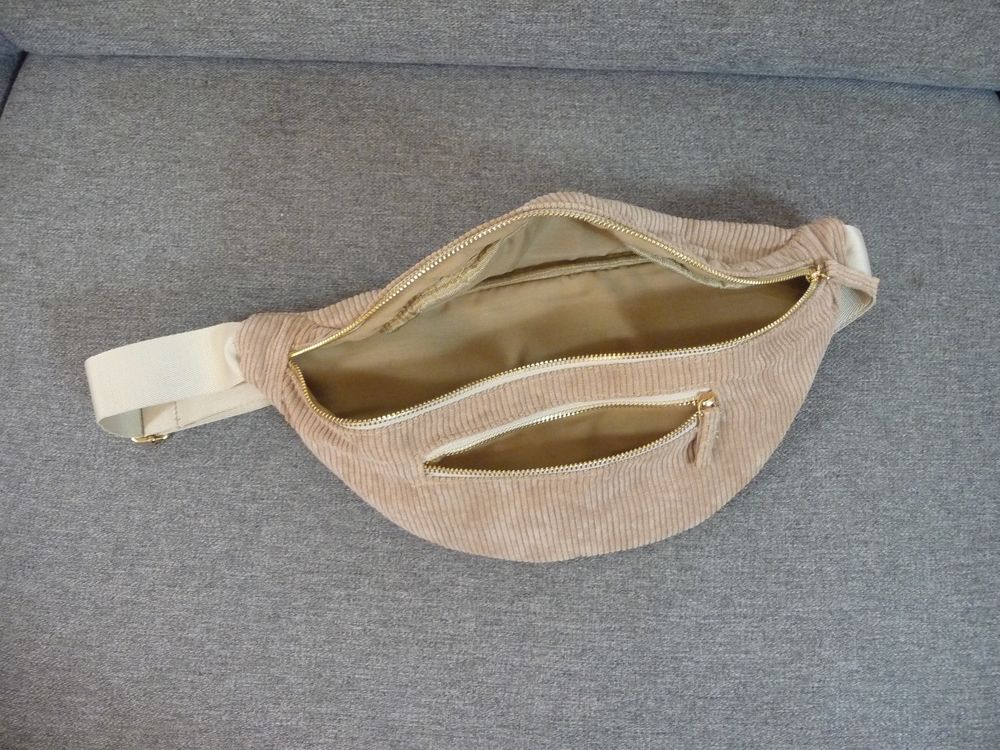 Sac Banane Velours Beige 2 Poches Zipp&eacute;es et Sangle R&eacute;glable Maroquinerie