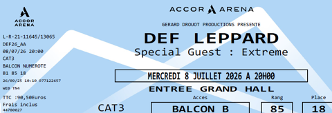 2 places de concert DEF LEPPARD 08/07/26 ACCORD ARENA Chilly-Mazarin (91)