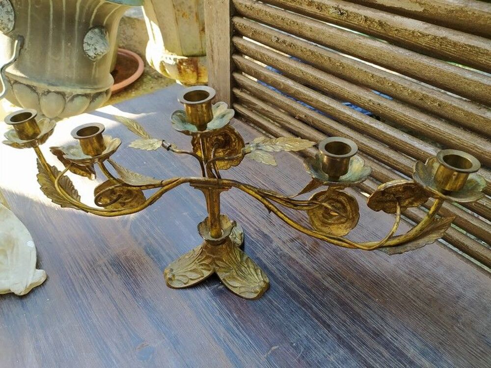 Bougeoir d'Autel &Eacute;glise Bronze et Laiton Dor&eacute; Fleurs Roses Décoration