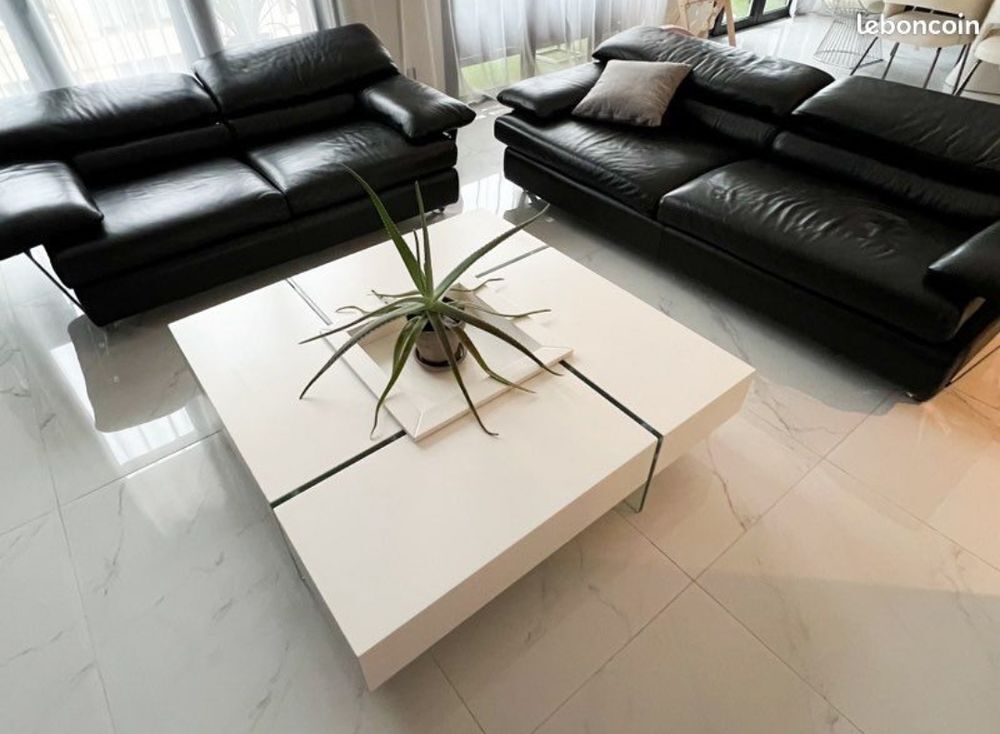 Canap&eacute;s cuir Roche Bobois + table basse contemporaine MOSS Meubles