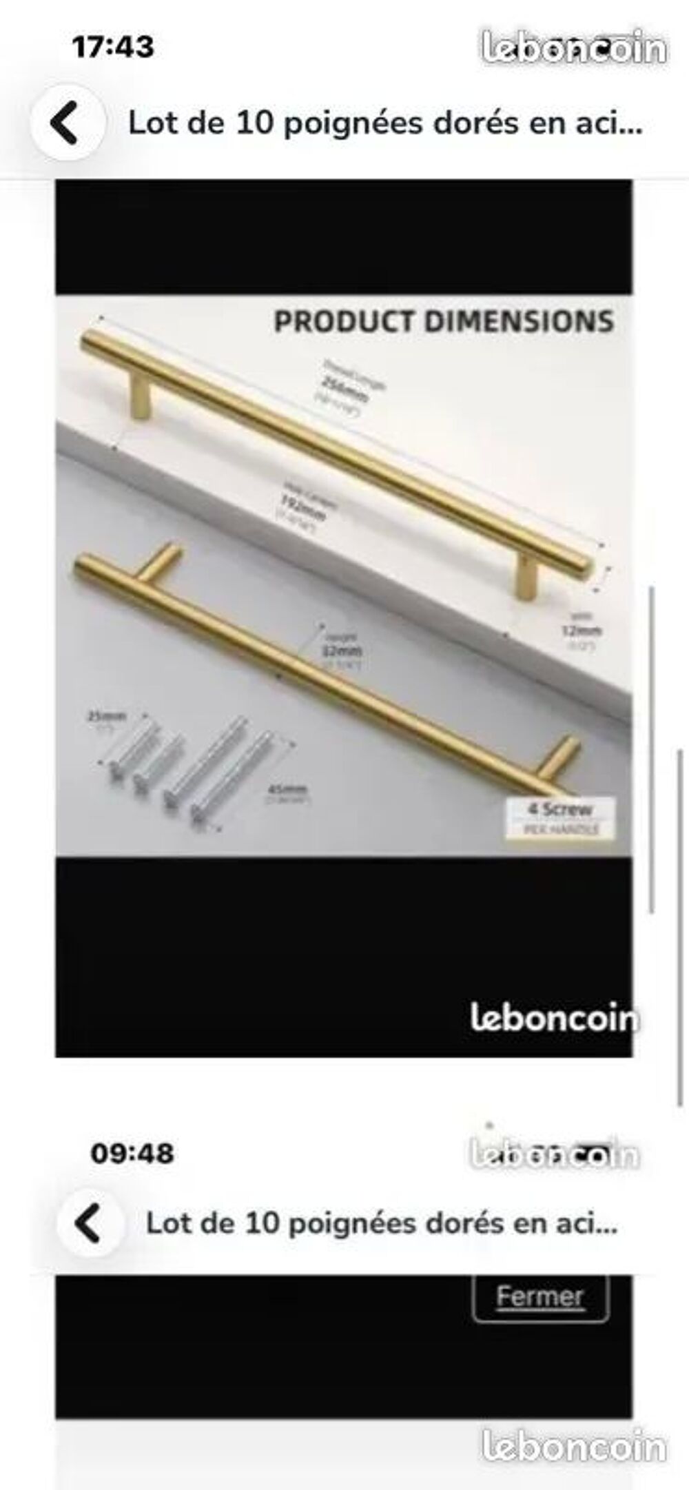 Lot de 10 poign&eacute;es dor&eacute;s en acier inoxydable anthrax 192 mm, Décoration