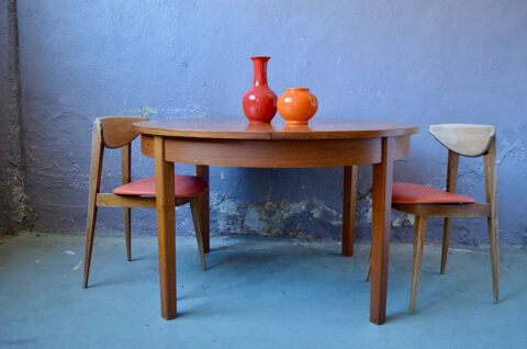 Table ronde ancienne en teck vintage scandinave rallonges 620 Wintzenheim (68)