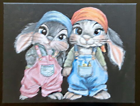 bl - peinture - couple de lapins  - toile sur châssis 30 x 4 30 Fougères (35)