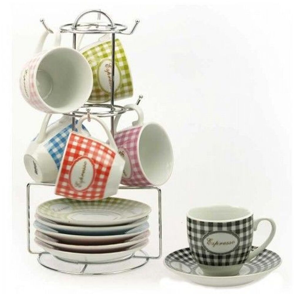 Ensemble de 6 tasses + soucoupes avec support inox	 Cuisine
