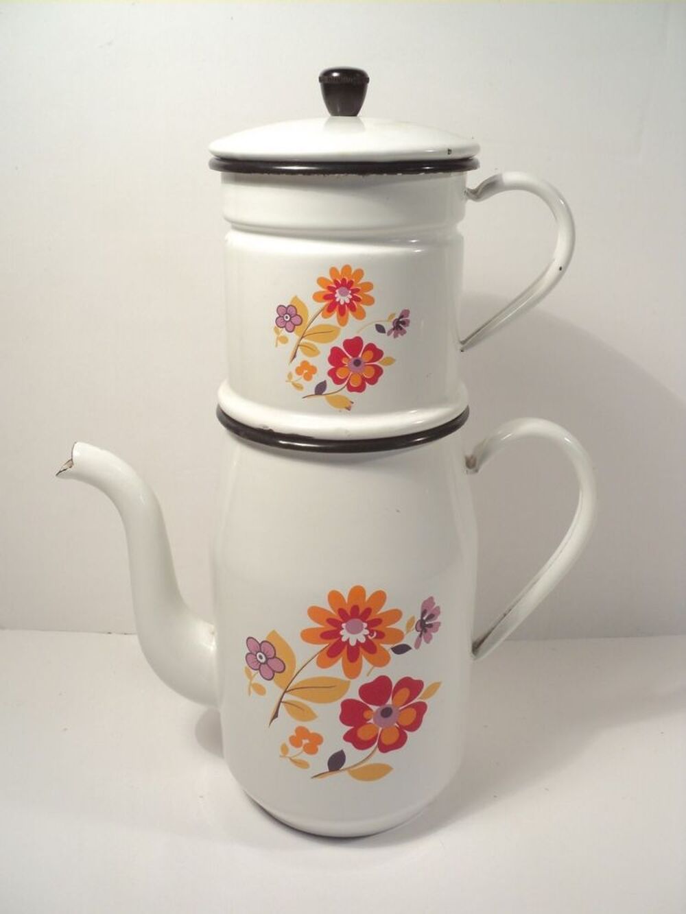 Ancienne Cafeti&egrave;re &Eacute;maill&eacute;e D&eacute;cor Fleurs Vintage 1970 Dcoration