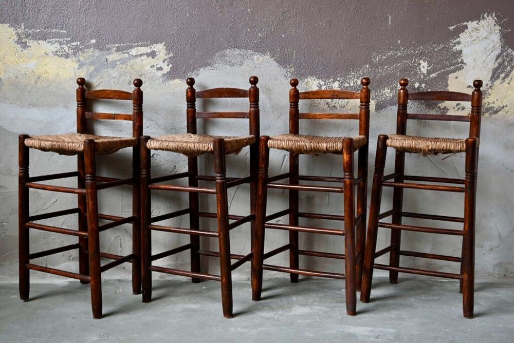 Lot de 4 Tabourets haut de bar ancien en bois et paille Meubles