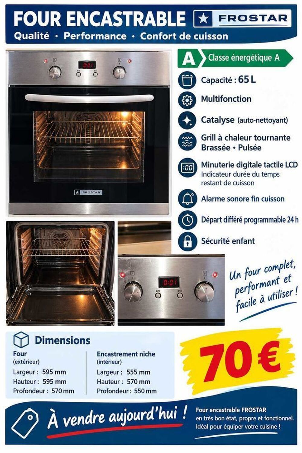 Four Encastrable Frostar Class A 65/Litres Multif Catalyse Grill Chaleur Tournante Porte Froide Diff&eacute;r&eacute; 24h Electroménager