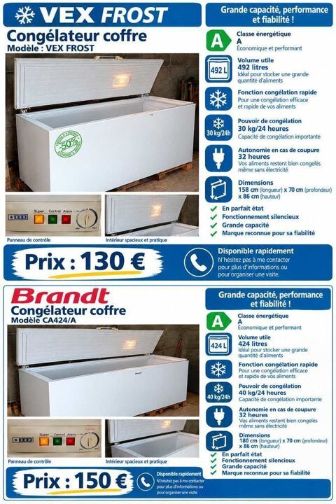 2 Congélateur Bahut Brandt 424/L /Vestfrost 492/L Fonction rapide Pourvoir 30/40kg/24h Saint-Avertin (37)