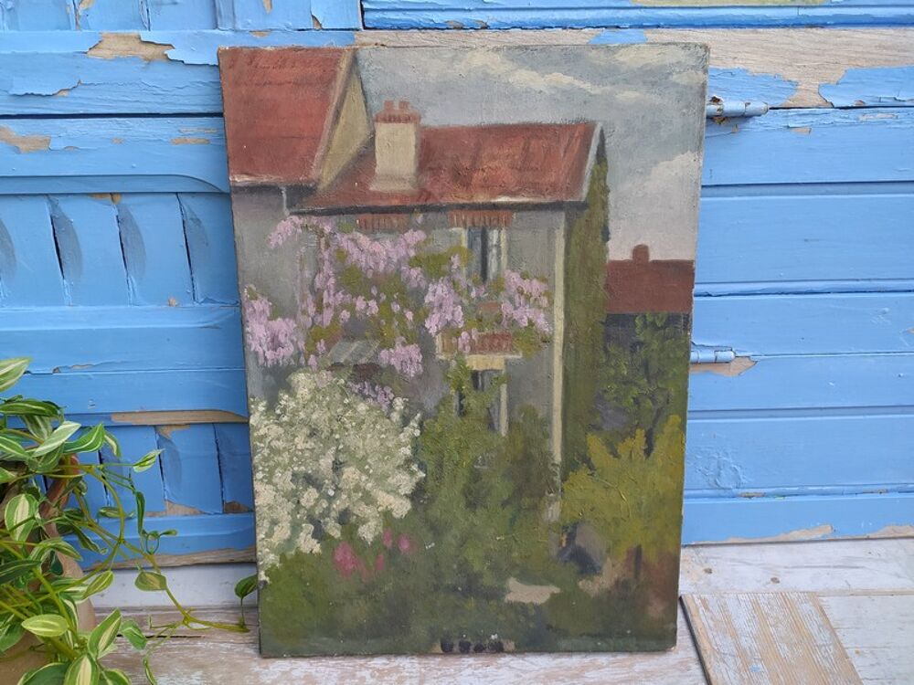 Ancien Tableau Vue de Maisons Fleuries avec Glycines Décoration