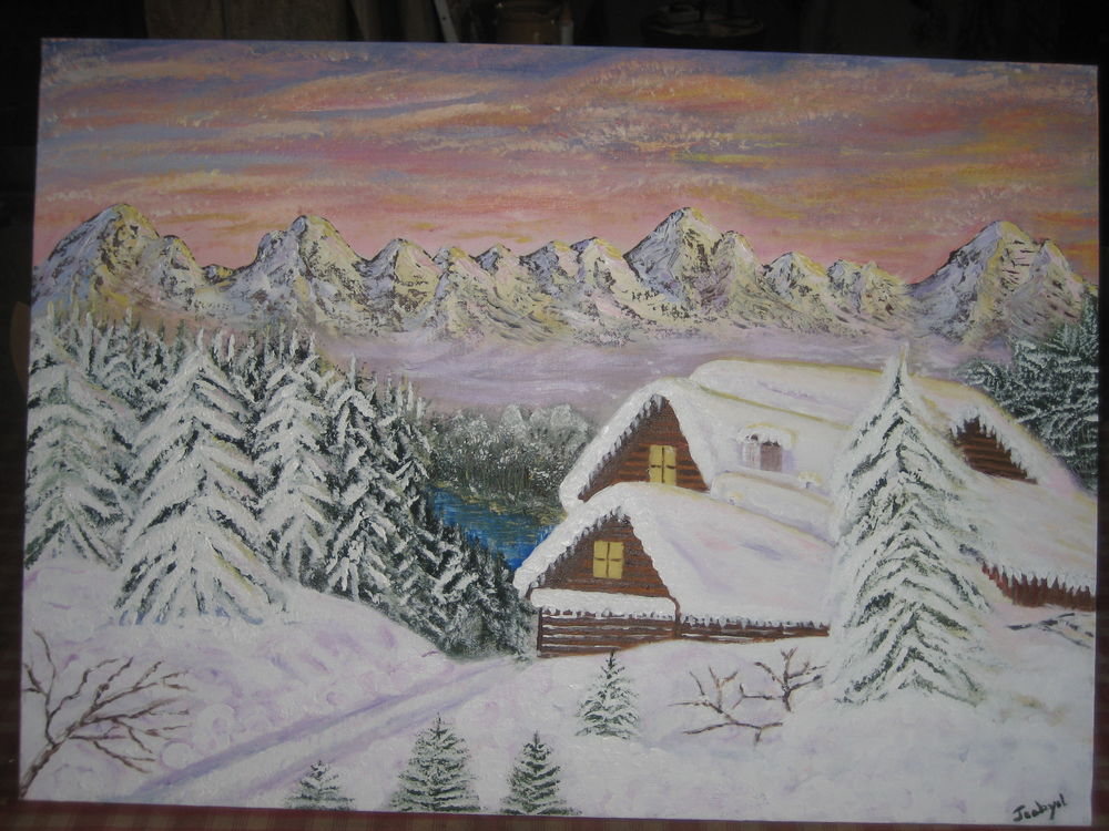 HUILE SUR TOILE CHALETS D'HIVER DE JOAKYEL Décoration