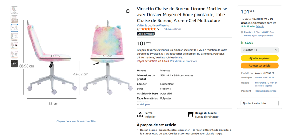 Chaise de bureau enfant Licorne Vinsetto Mobilier enfants