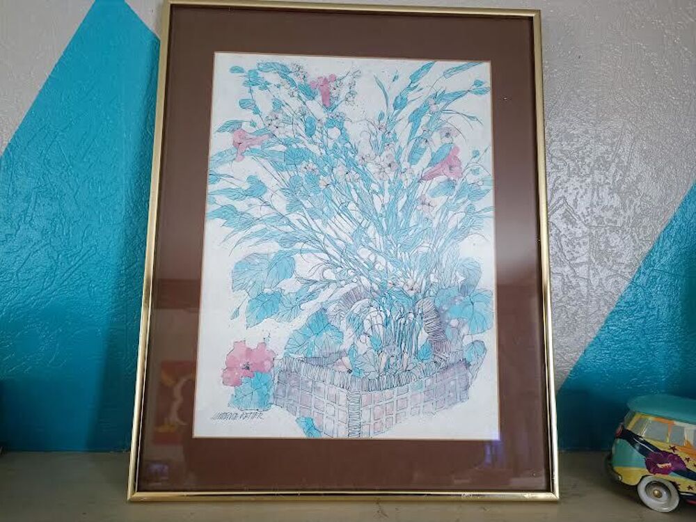 LITHO NATURE MORTE CORBEILLE ET FLEURS BLEUS Décoration