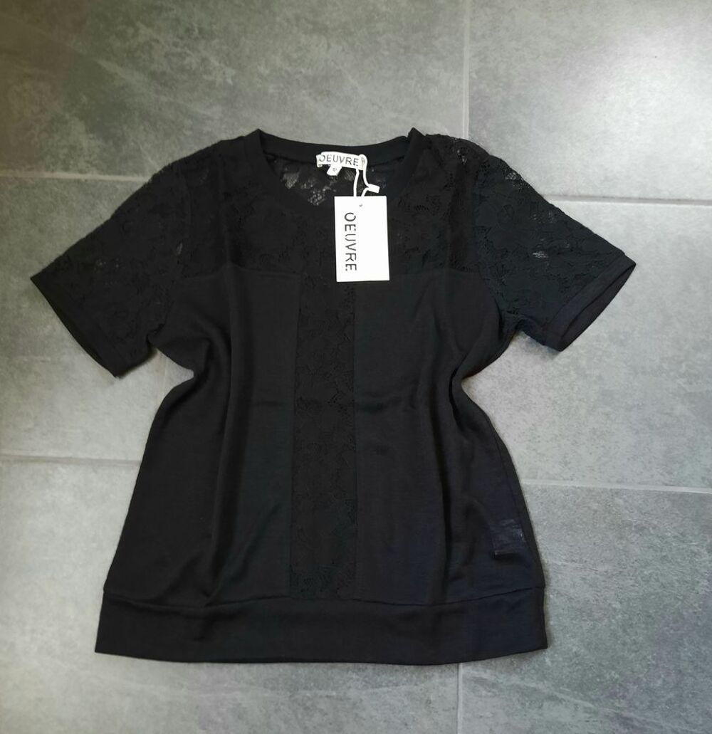  pull noir maille fine et belle dentelle T 38 - neuf Vêtements