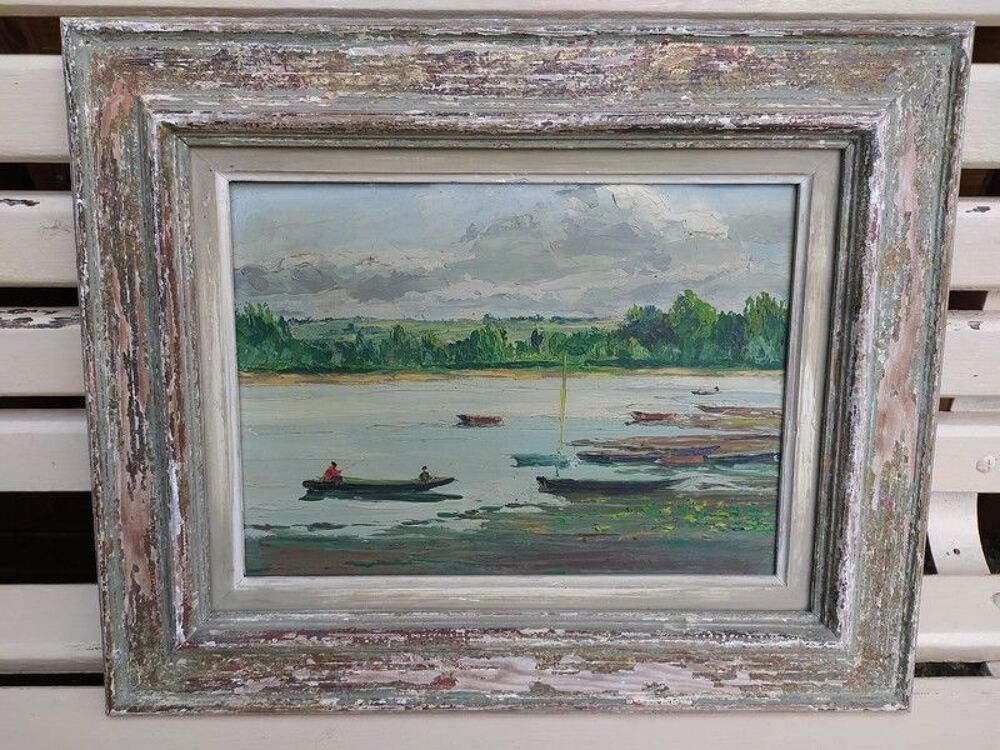 Tableau Ancien Paysage Lacustre Barques P&ecirc;cheurs Décoration