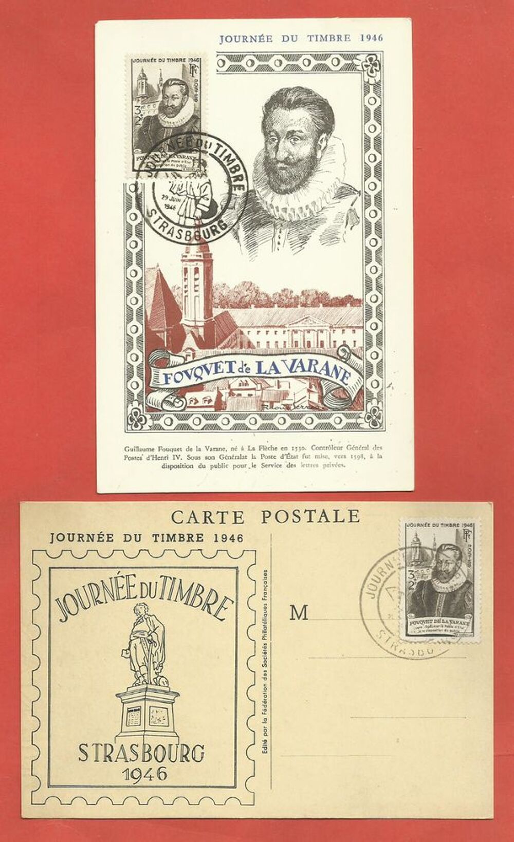 lot 2 cartes journ&eacute;e du timbre strasbourg 1946 