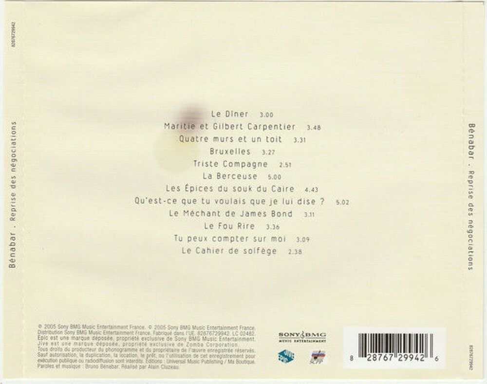 CD B&eacute;nabar ?? Reprise Des N&eacute;gociations (&eacute;tat neuf) CD et vinyles