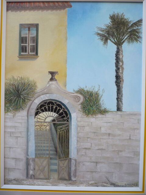 Tableau de peinture. Le portail au palmier. GRASSE 290 Roquebrune-Cap-Martin (06)