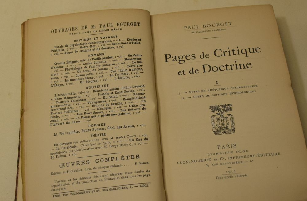 Paul Bourget - Pages de Critique et de Doctrine - 1912 Livres et BD