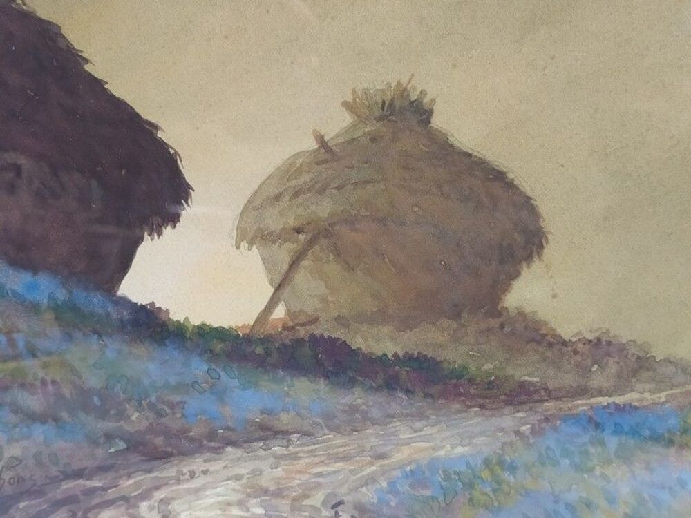 ANDR&Eacute; DES GACHONS Tableau Aquarelle Meules de Foin Campagne 