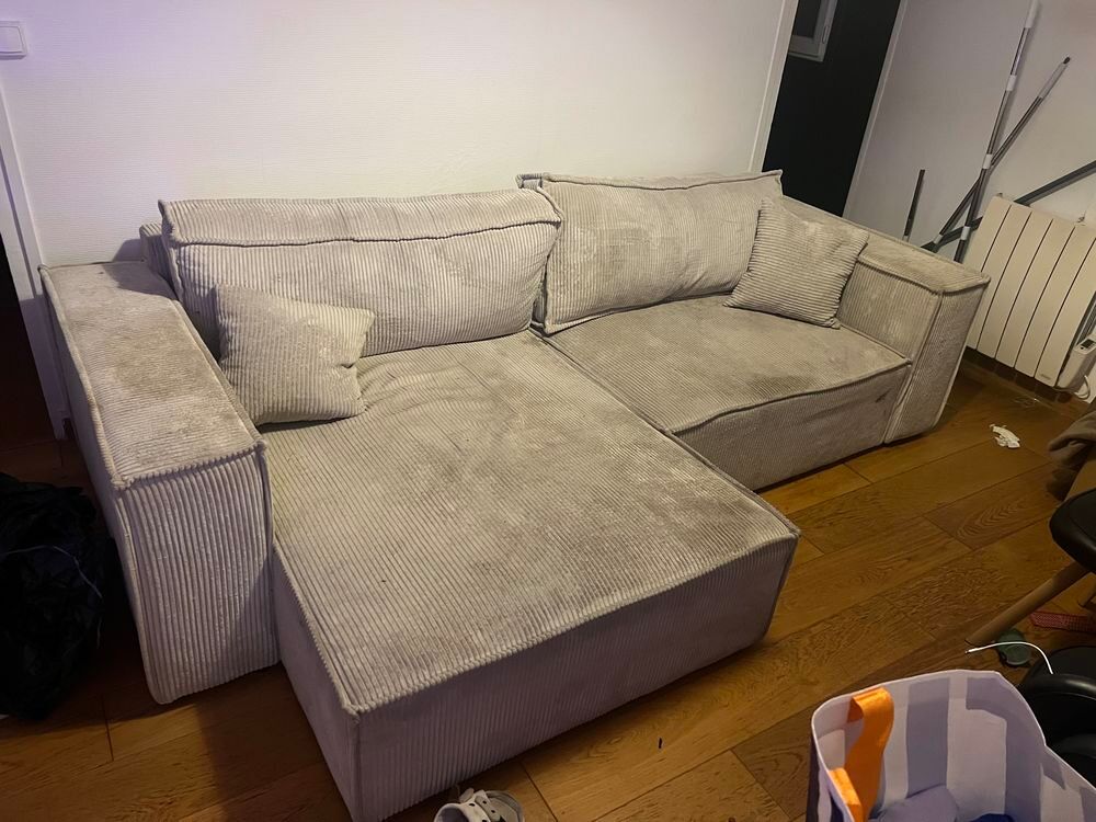 Canap&eacute; d'angle convertible r&eacute;versible avec coffre €" velours c&ocirc;tel&eacute; beige Meubles