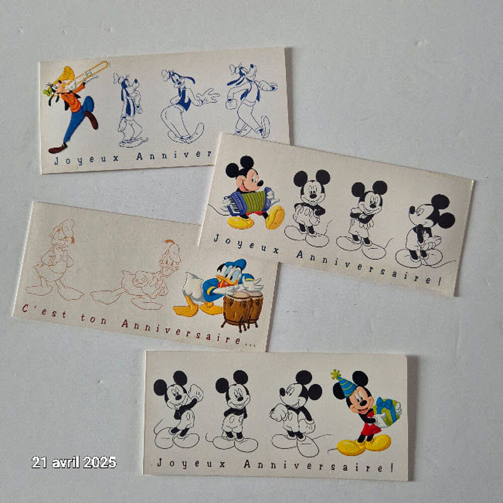 Lot de 4 cartes postales joyeux anniversaire, Donald, Mickey 