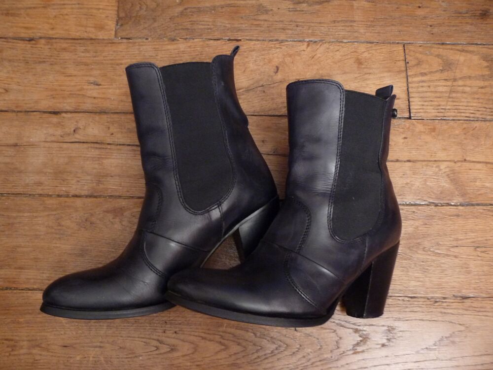 Bottines/ Boots &agrave; Talon Cuir Noir- Pointure 37-Golden Rose Chaussures