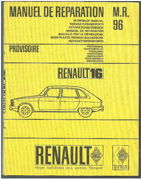 MANUEL DE REPARATION M.R 96 - Ed PROV. - R 1150 - RENAULT 16 35 Montauban (82)